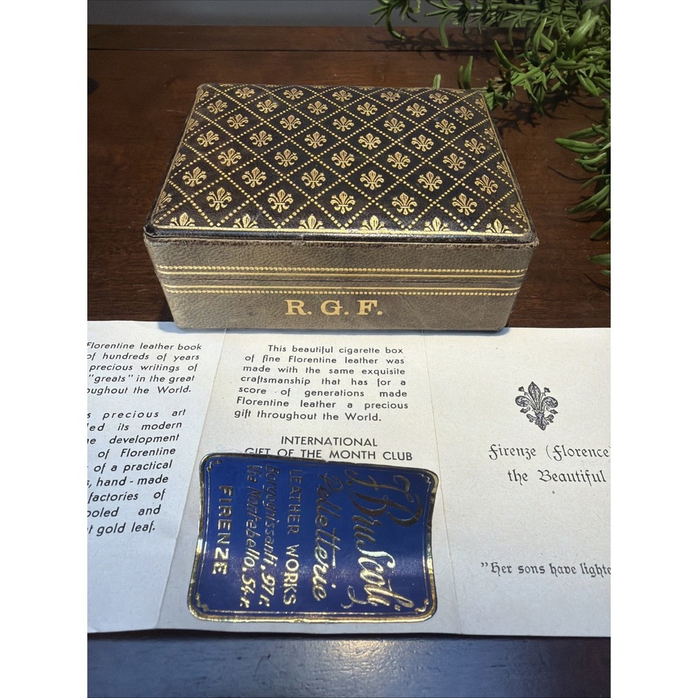 VTG LEATHER & Gold Jewelry Cigarette TRINKET Box FLORENCE Italy Firenze Gold Lea